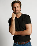 Model with Black V-Neck Close Up