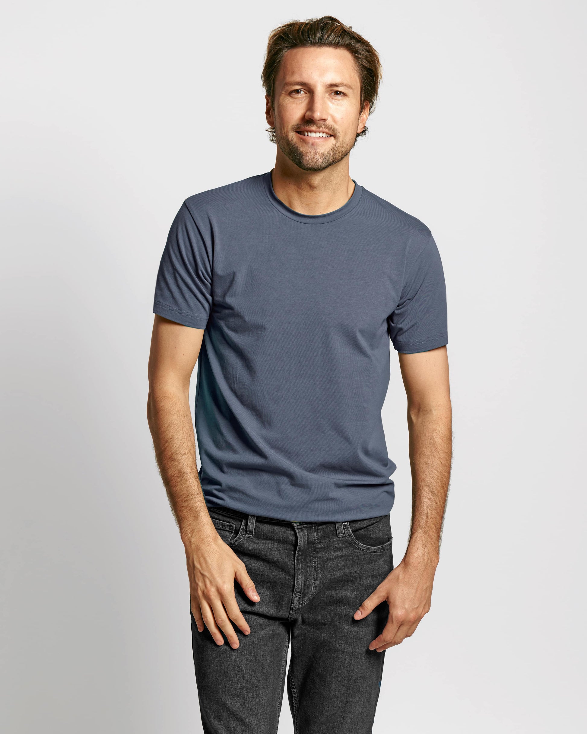 Model wearing Neat Sweat Proof Crew Neck PDP Grey
