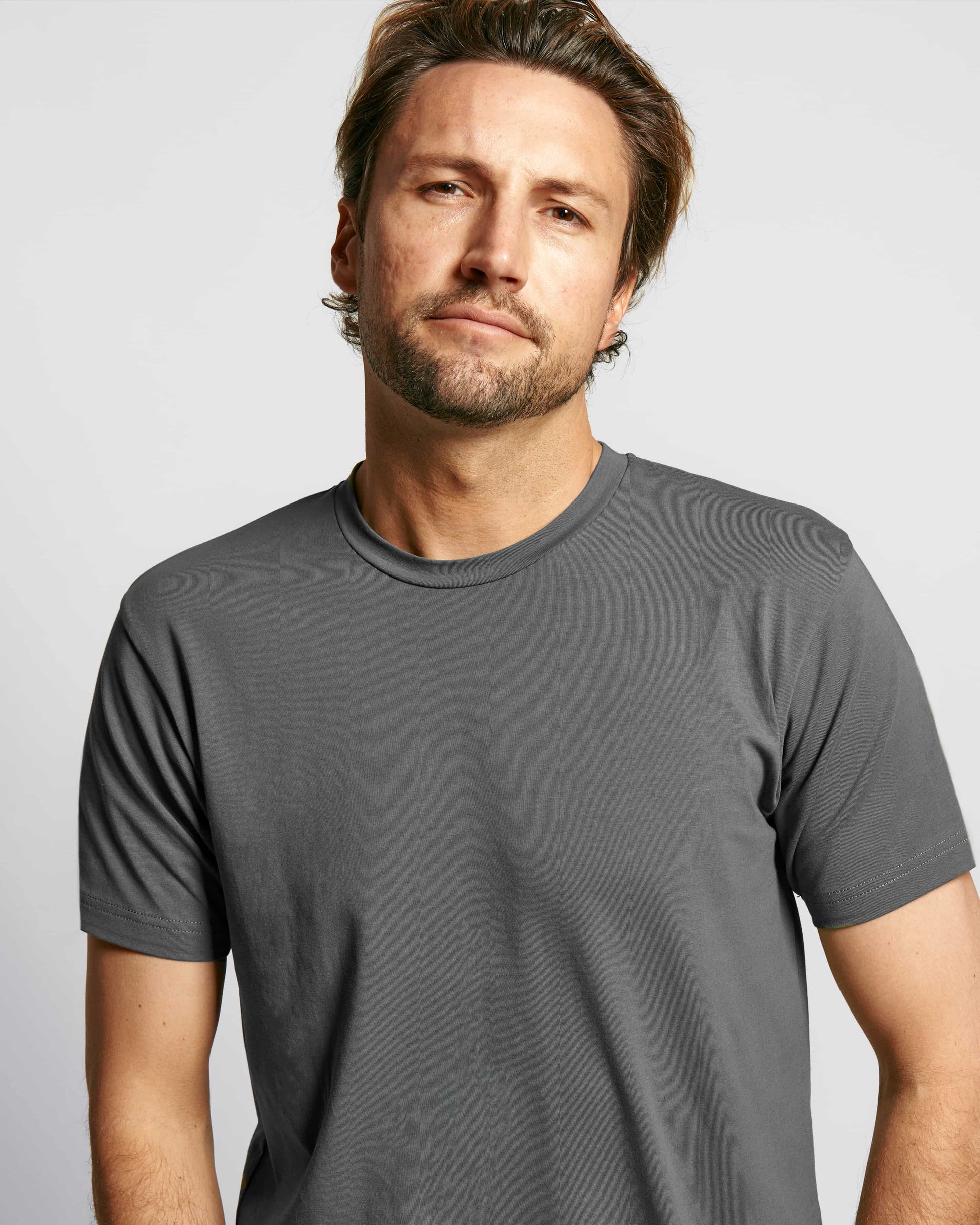 Model wearing Neat Sweat Proof Crew Neck PDP Grey