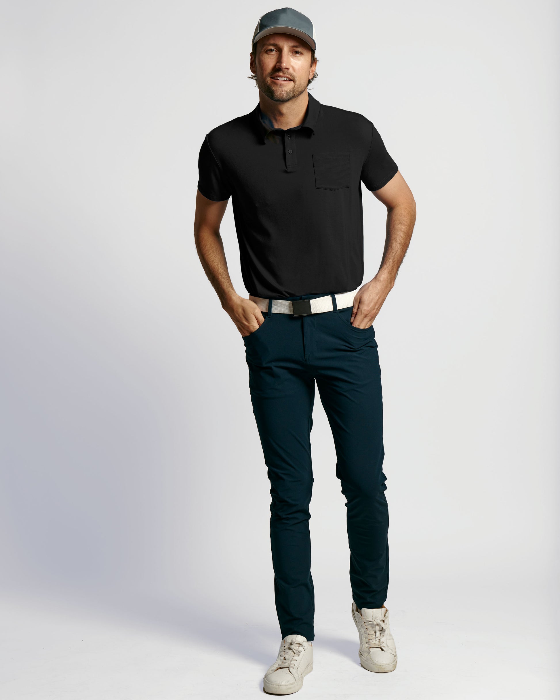 Model with Polo Sweat Proof t-shirt
