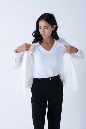 Front view of a white V-neck sweat-proof undershirt showcasing its fit under an open white shirt with a light background