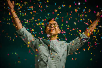 Person in a gray shirt celebrating with arms raised as colorful confetti falls around them