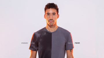 Comparison graphic showing a model wearing a shirt labeled Standard on one side and neat on the other