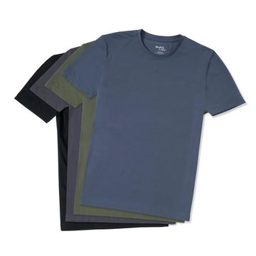Front view of moisture-wicking short-sleeve shirts in navy, olive, gray, and black on a white background
