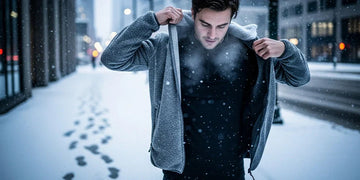 Man adjusting a gray mid-layer jacket over a black base layer on a snowy city sidewalk