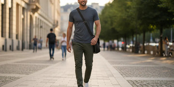 Man in a gray shirt walking through a city plaza with a crossbody bag
