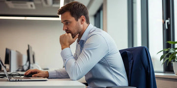 Man in a light blue shirt looking uncomfortable at an office desk in a bright workplace
