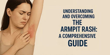Woman with irritated armpit rash touching affected area.