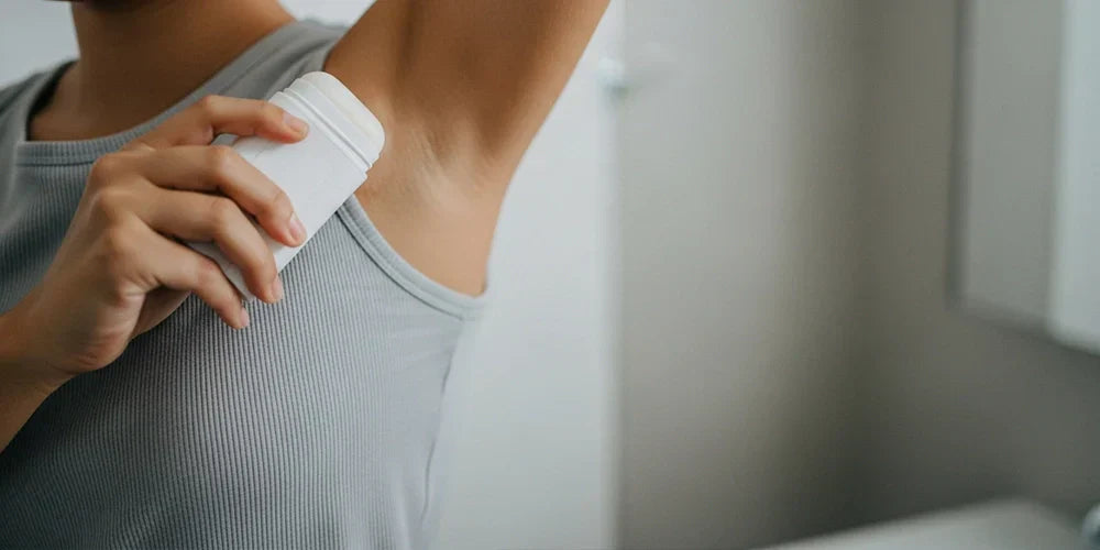 A person applying clinical-strength antiperspirant with no branding to underarm area in a bathroom.