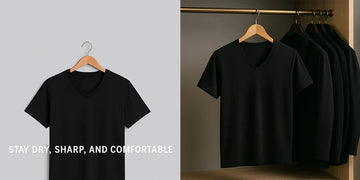 Black V neck sweat proof undershirts on wooden hangers in a wardrobe.