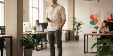 Man wearing a sharp casual work outfit in a modern office.