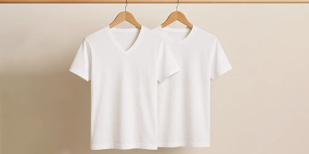 Two white undershirts, one V-neck and one crew neck, hanging neatly on wooden hangers in a minimalist wardrobe.