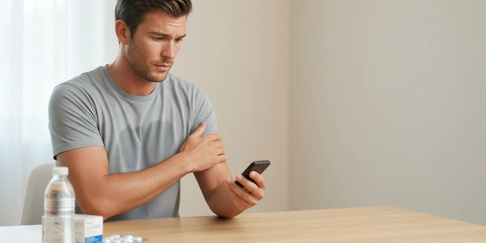 Man checking blood glucose while experiencing sweating related to diabetes.