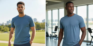 Two men wearing blue shirts, one outdoors and one in a gym, illustrating how airflow affects fast-drying fabrics