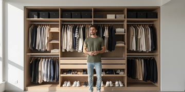 Man standing in front of a minimalist capsule wardrobe with neutral, versatile clothing.