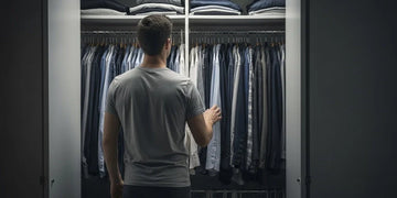 Man standing in front of a closet thinking about what to wear to avoid sweat.