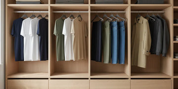 Minimalist men’s wardrobe with neutral clothing arranged cleanly and intentionally.