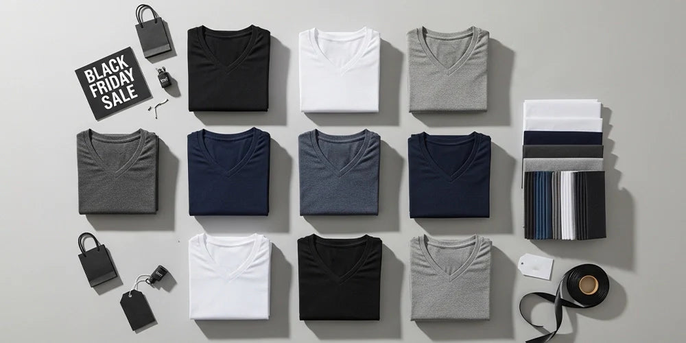 Flat-lay of Neat Apparel undershirts arranged for a Black Friday promotion.