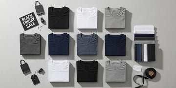 Flat-lay of Neat Apparel undershirts arranged for a Black Friday promotion.