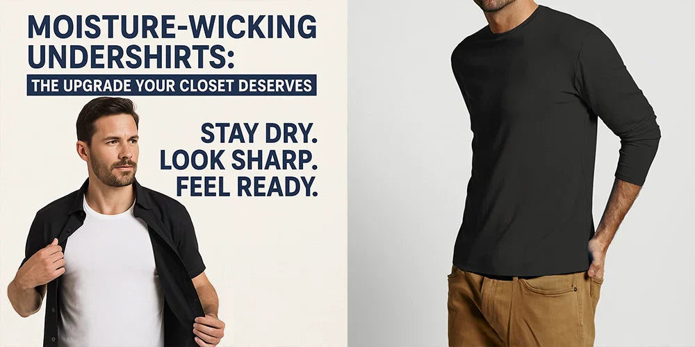 A man wearing a moisture-wicking undershirt from Neat Apparel, highlighting comfort, sweat resistance, and modern everyday style.