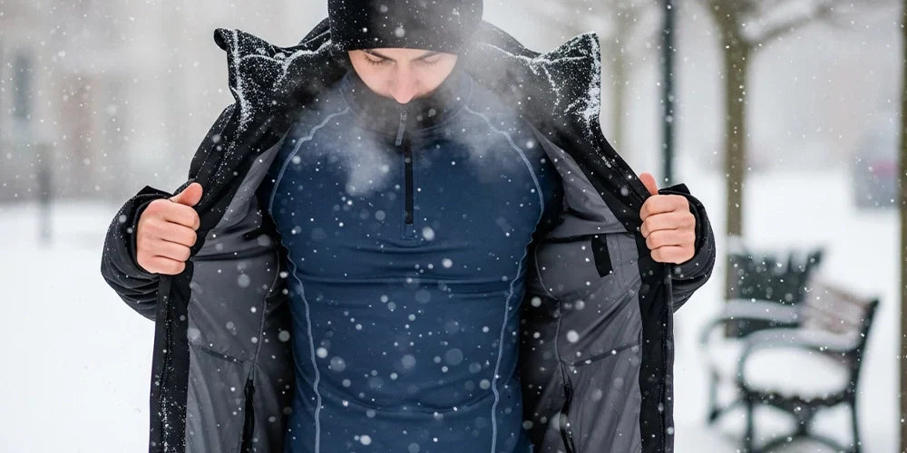 A person standing outdoors in falling snow, opening their jacket to reveal a moisture-wicking base layer.