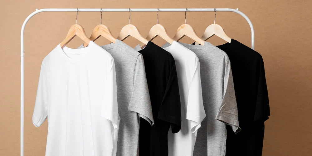 Trendy colour swatches shirts hanging.