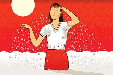 Woman wiping sweat from her brow, illustrating stress sweat against a bright red background