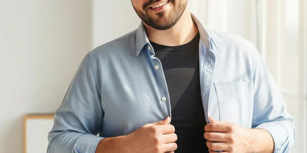 Plus-size man adjusting a moisture-wicking undershirt to show sweat-free dressing tips.