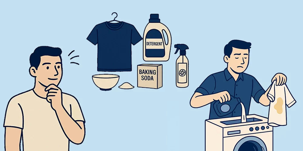 Illustration of a man considering laundry options and using detergent, baking soda, and spray to remove sweat stains from a shirt before washing.