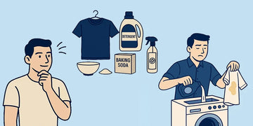 Illustration of a man considering laundry options and using detergent, baking soda, and spray to remove sweat stains from a shirt before washing.