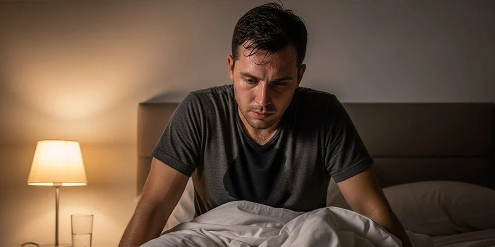 Man experiencing night sweats related to hormonal fluctuations.