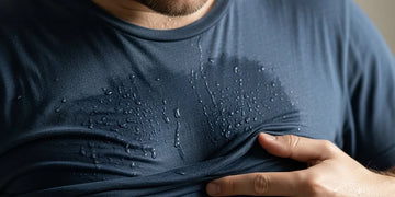 Man wearing a damp moisture-wicking shirt that feels sticky against the skin.