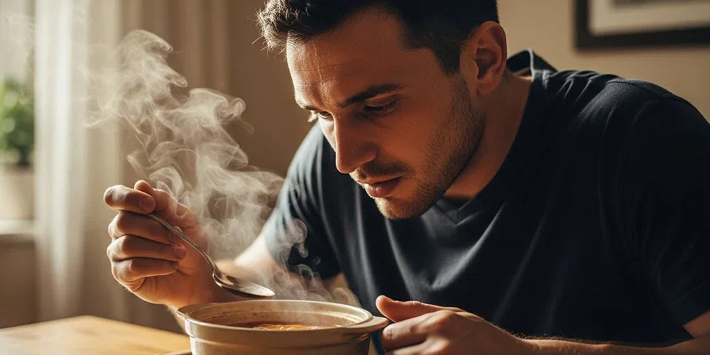Man sweating lightly at the table while eating to illustrate post-meal sweating.