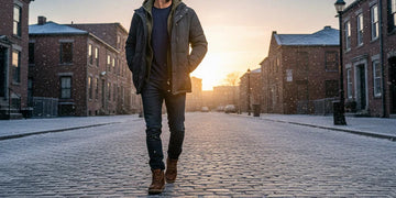 Active commuter walking through a winter city street wearing smart layered clothing.