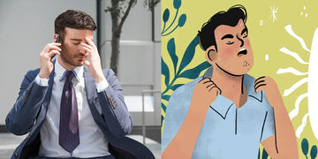  Tired businessman speaking on smartphone, illustration showing a man sweating