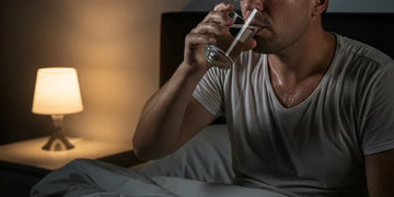 andscape picture of a man sweating and drinking water in the bed.