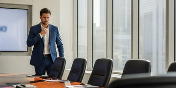 Man entering a meeting while feeling nervous about sweating.