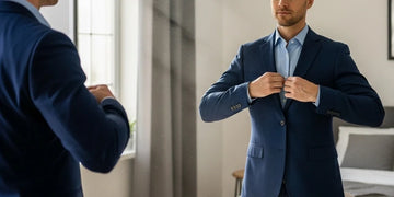 Man adjusting blazer in mirror while preparing for an important presentation.