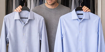 Man comparing worn shirt with structured sweat-proof shirt in closet.