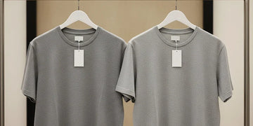 Front view of two gray short-sleeve T-shirts on hangers with blank tags, displayed side by side for apparel value comparison