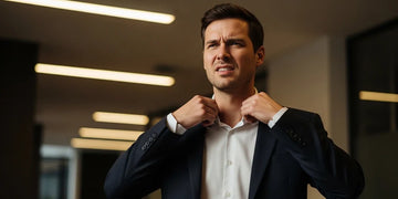 Man adjusting uncomfortable work outfit in office.