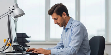 Tall man working at a desk that does not fit his height comfortably.