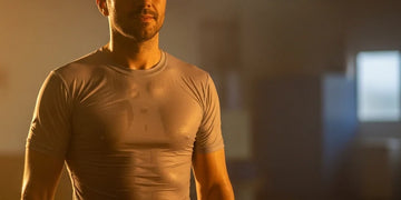 Thin synthetic shirt clinging slightly in humid conditions.