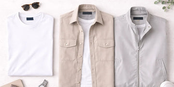 Coordinated layering system with base tee, overshirt, and jacket.