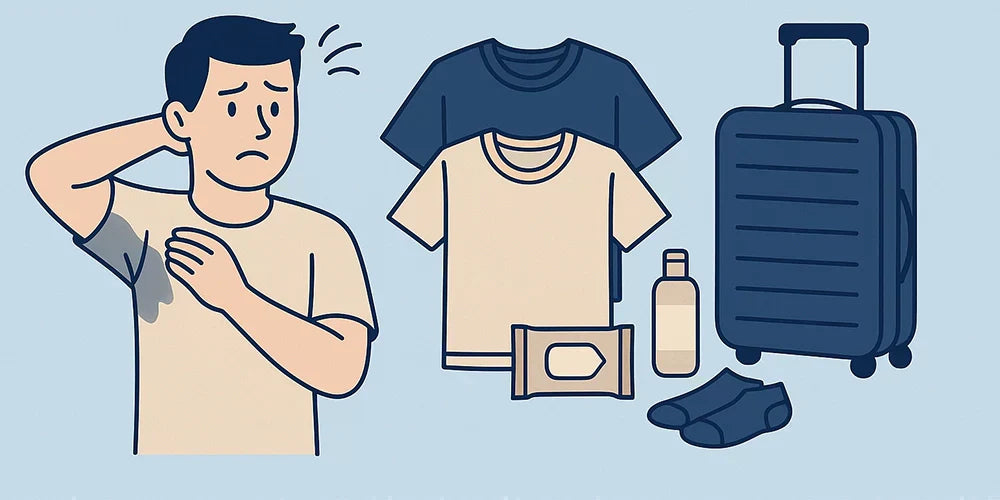Illustration of a man with underarm sweat stains next to travel essentials like moisture-wicking shirts, wipes, socks, a bottle, and a suitcase for managing hyperhidrosis.