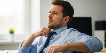 Man adjusting uncomfortable work shirt at desk.