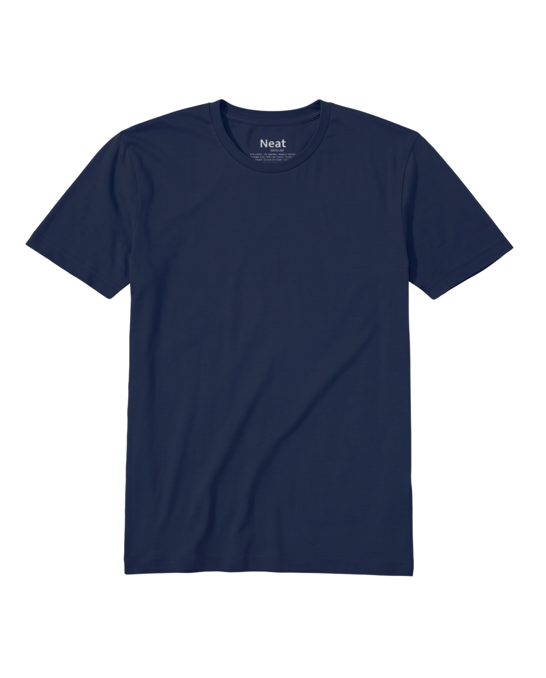 Front view of Deja Blue Neat men’s Sweat Defender crew T-shirt laid flat, showcasing crew neckline and short sleeves with a light gray background