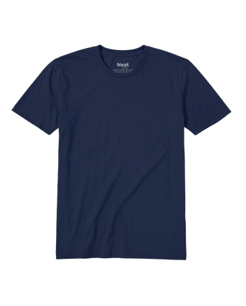 Front view of Deja Blue Neat men’s Sweat Defender crew T-shirt laid flat, showcasing crew neckline and short sleeves with a light gray background