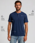 Front view of a navy blue henley shirt on a model, labeled Hides Sweat, Stain Resistant, and Faster Drying