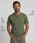 Front view of a green Henley shirt on a model showcasing stain resistant, hides sweat, and faster drying features